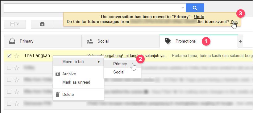 Memindahkan email ke primary